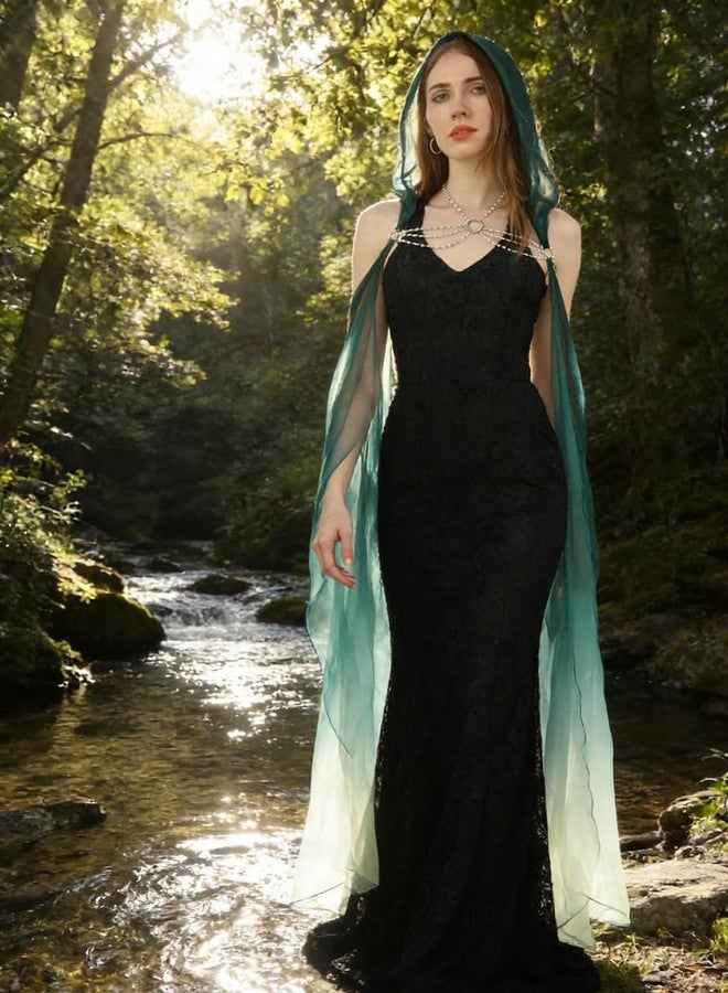 DAZCOS Women's Chiffon Hooded Cape Elf Sheer Cloak Tulle Bridal Off Shoudler Capelet (Green) - Image 5